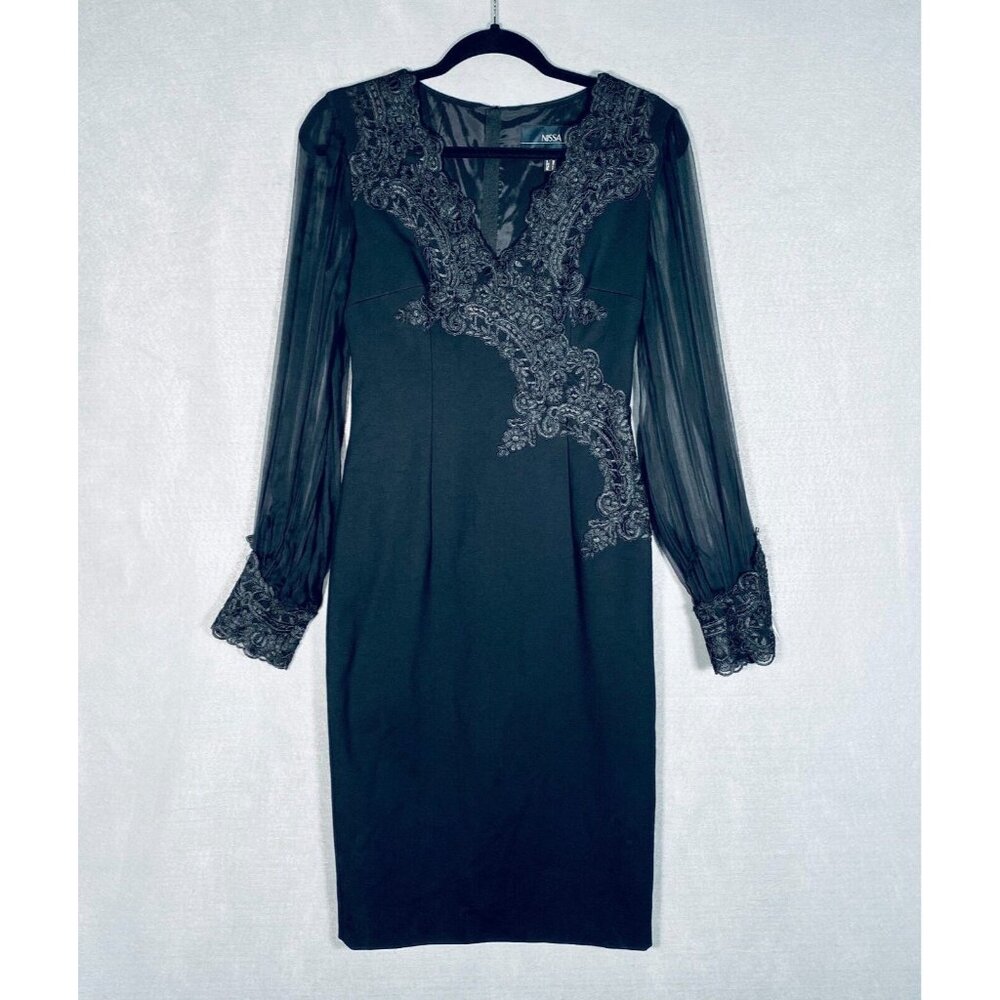 Nissa Dress Womens 8 Black Stretch Faux Wrap Midi Lace